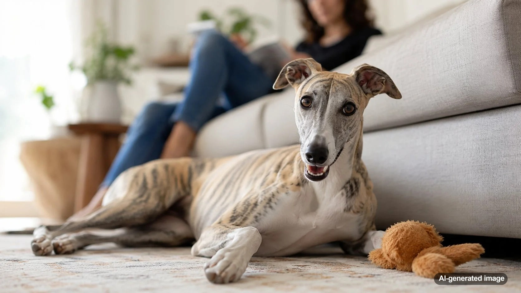 Dog relaxing comfortably near its owner for an article about affectionate dog breeds with independent personalities