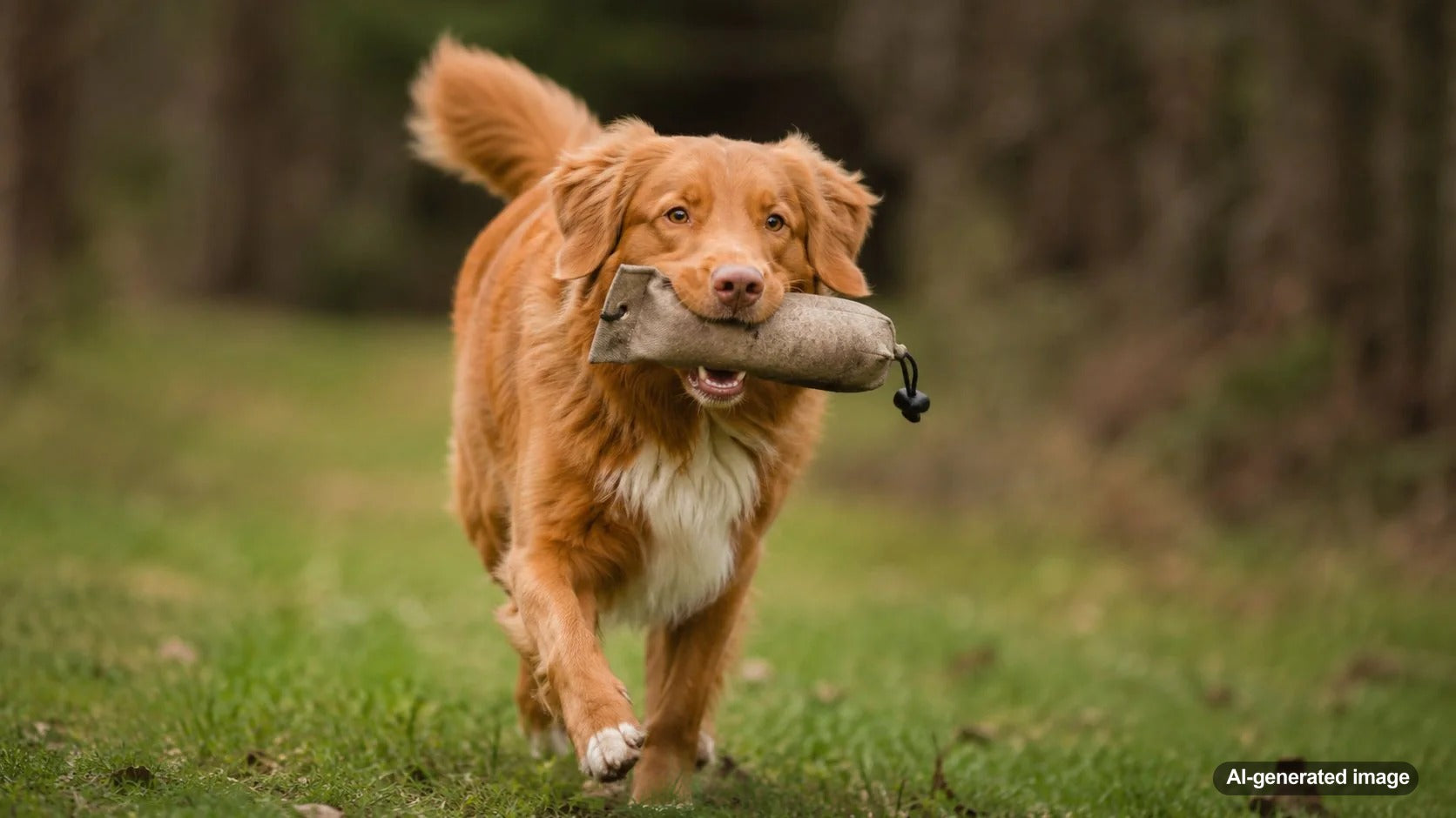 Happy dog carrying a toy in its mouth for a blog about breeds that love carrying things