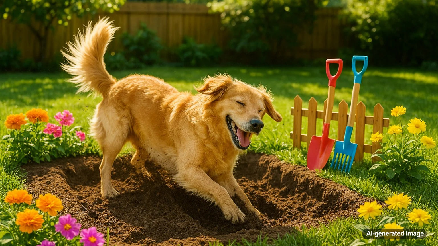 Dog digging pit in backyard with happy dog
