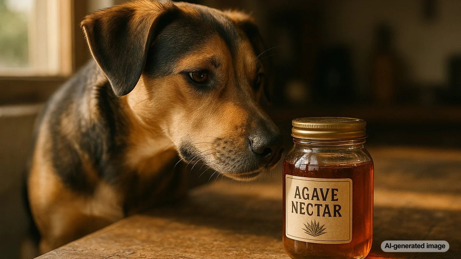 Dog looking at a bowl of agave nectar