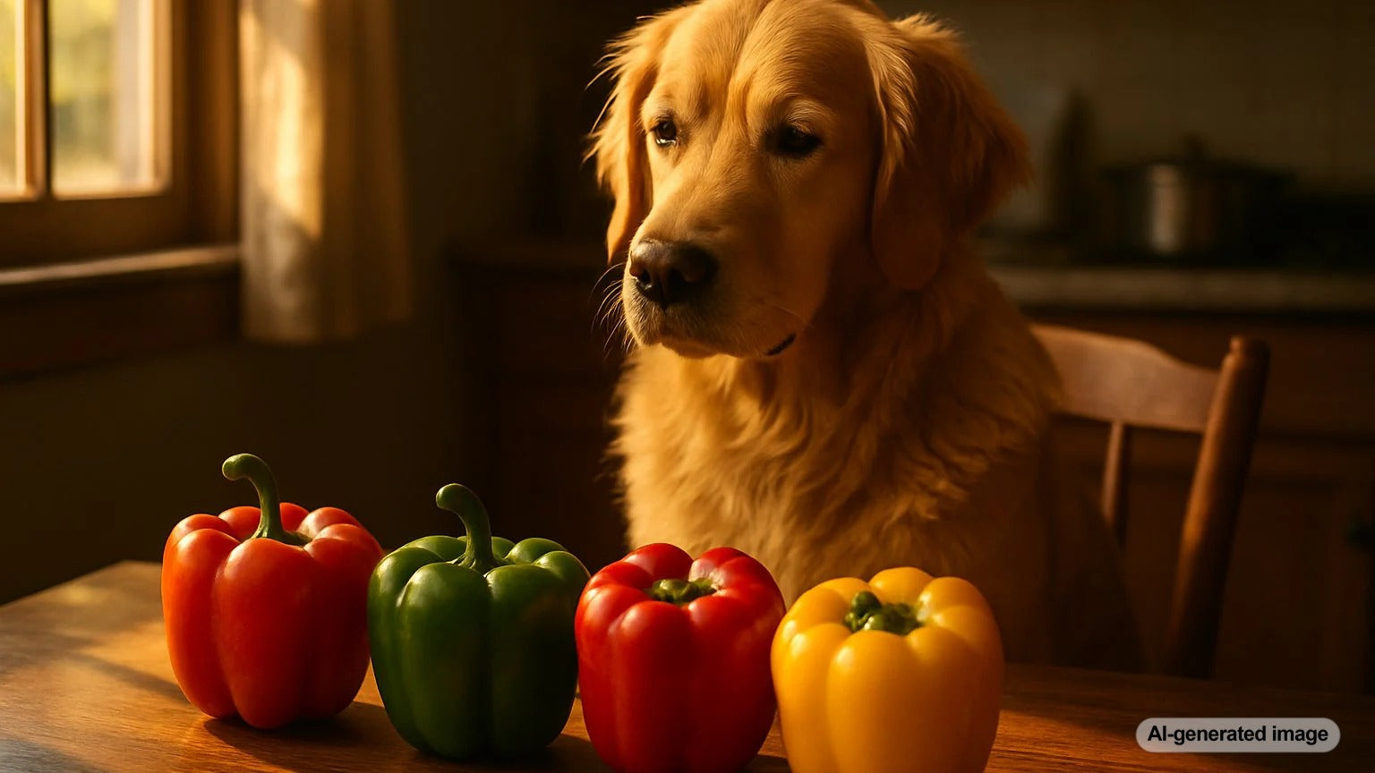 Colorful bell peppers and a happy dog ready to share a healthy snack