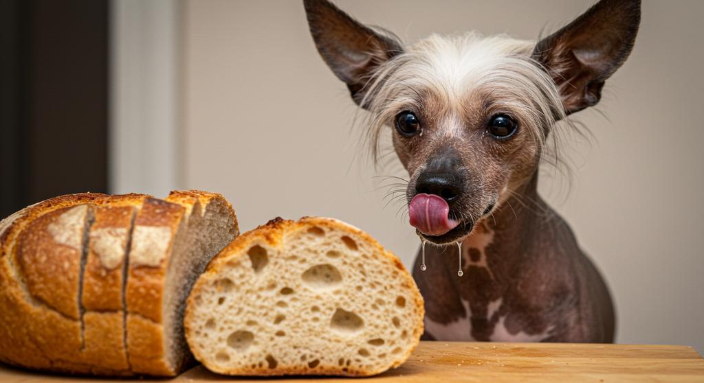 Dog looking at a slice of bread