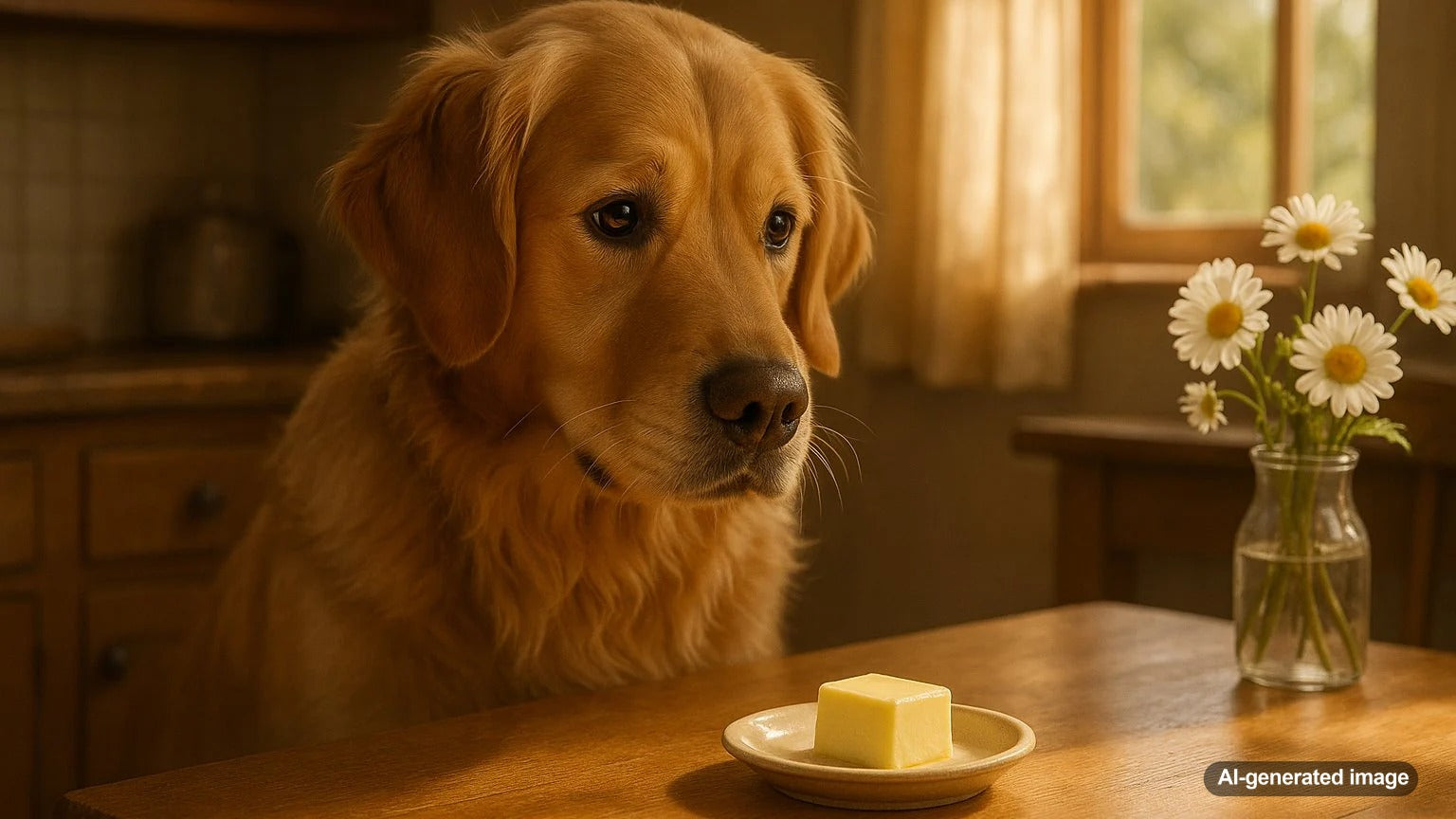 A curious dog looking at a slice of buttered toast