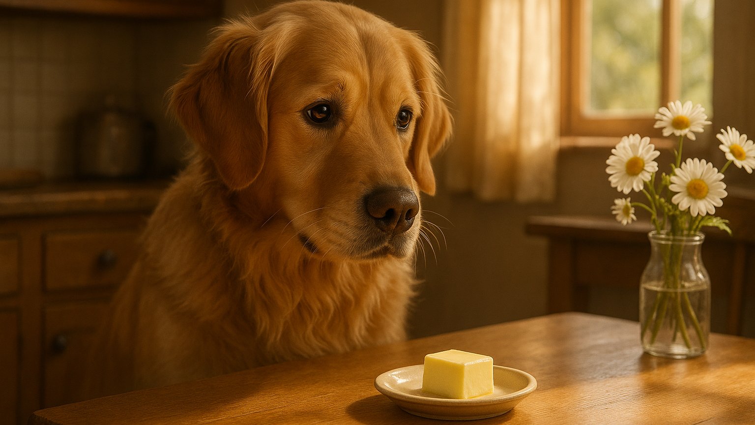A curious dog looking at a slice of buttered toast