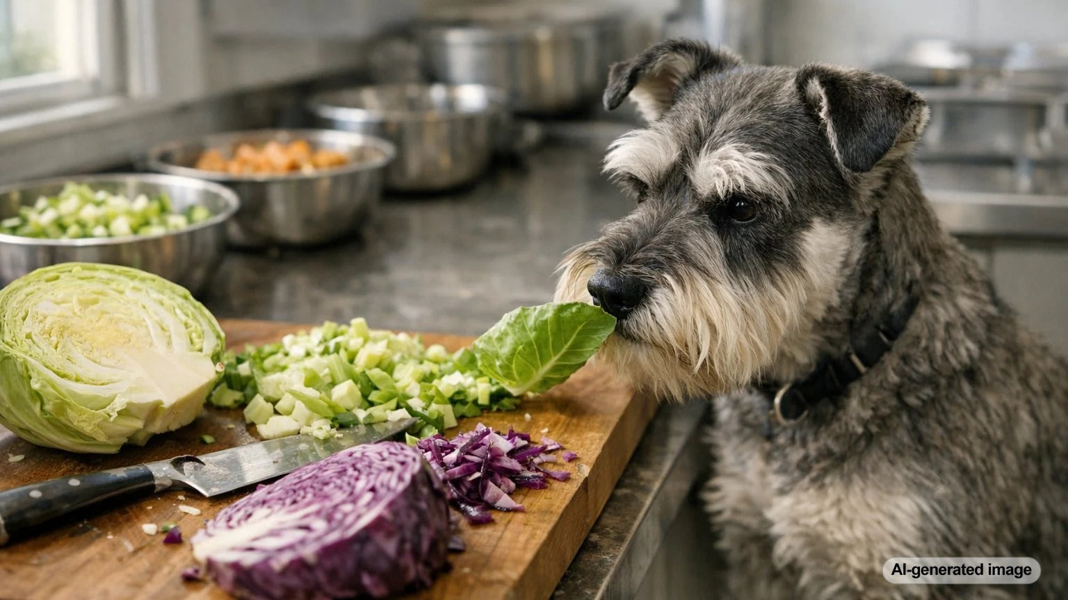 Can dogs eat cabbage safely illustration with a happy dog and fresh cabbage