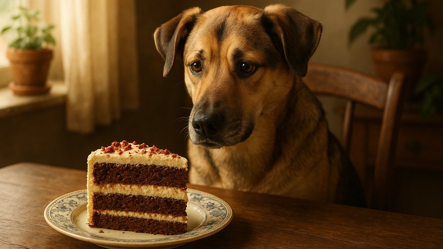 Dog looking at a slice of cake wondering if they can eat it