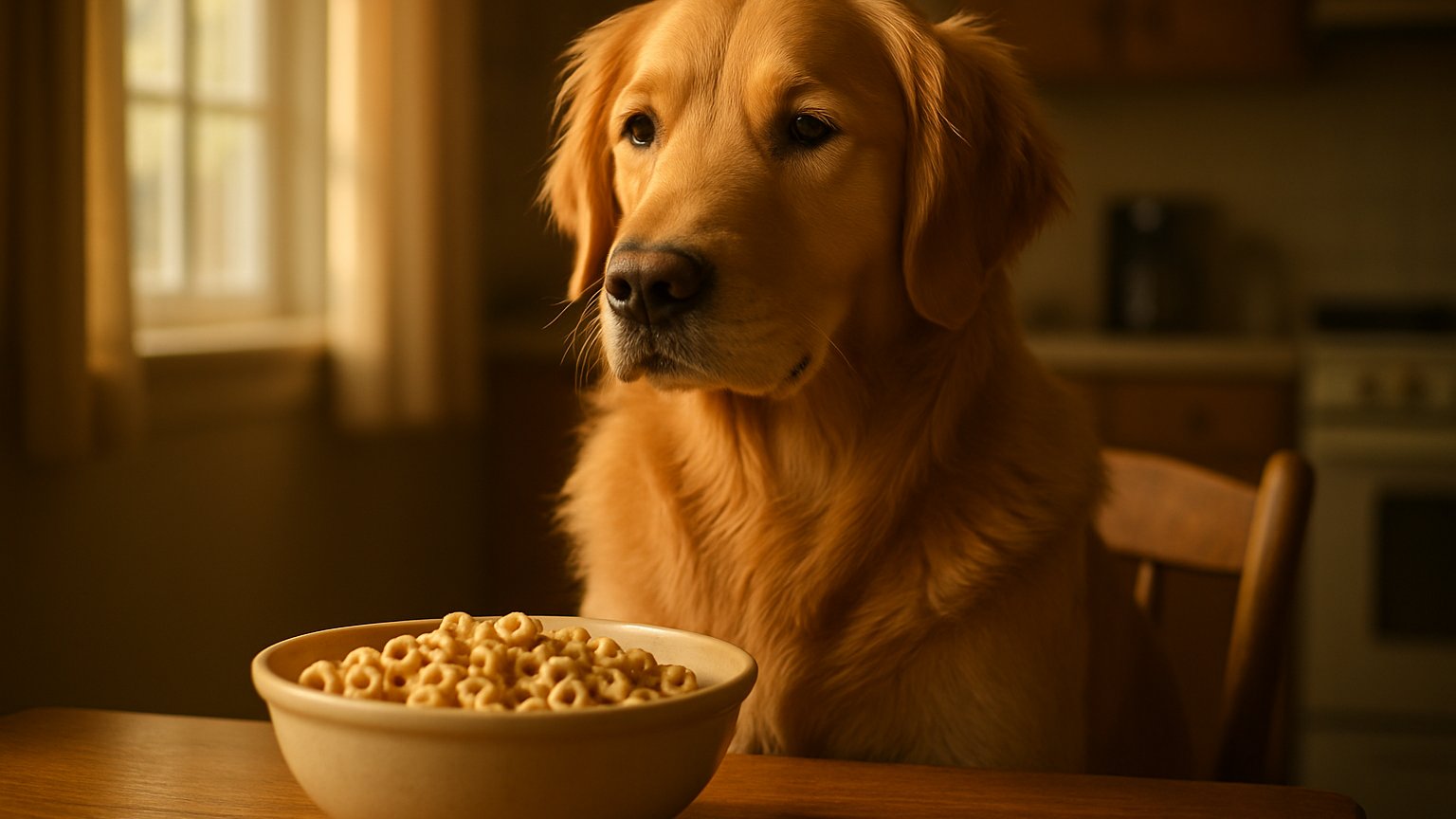 Dog sniffing a bowl of Cheerios