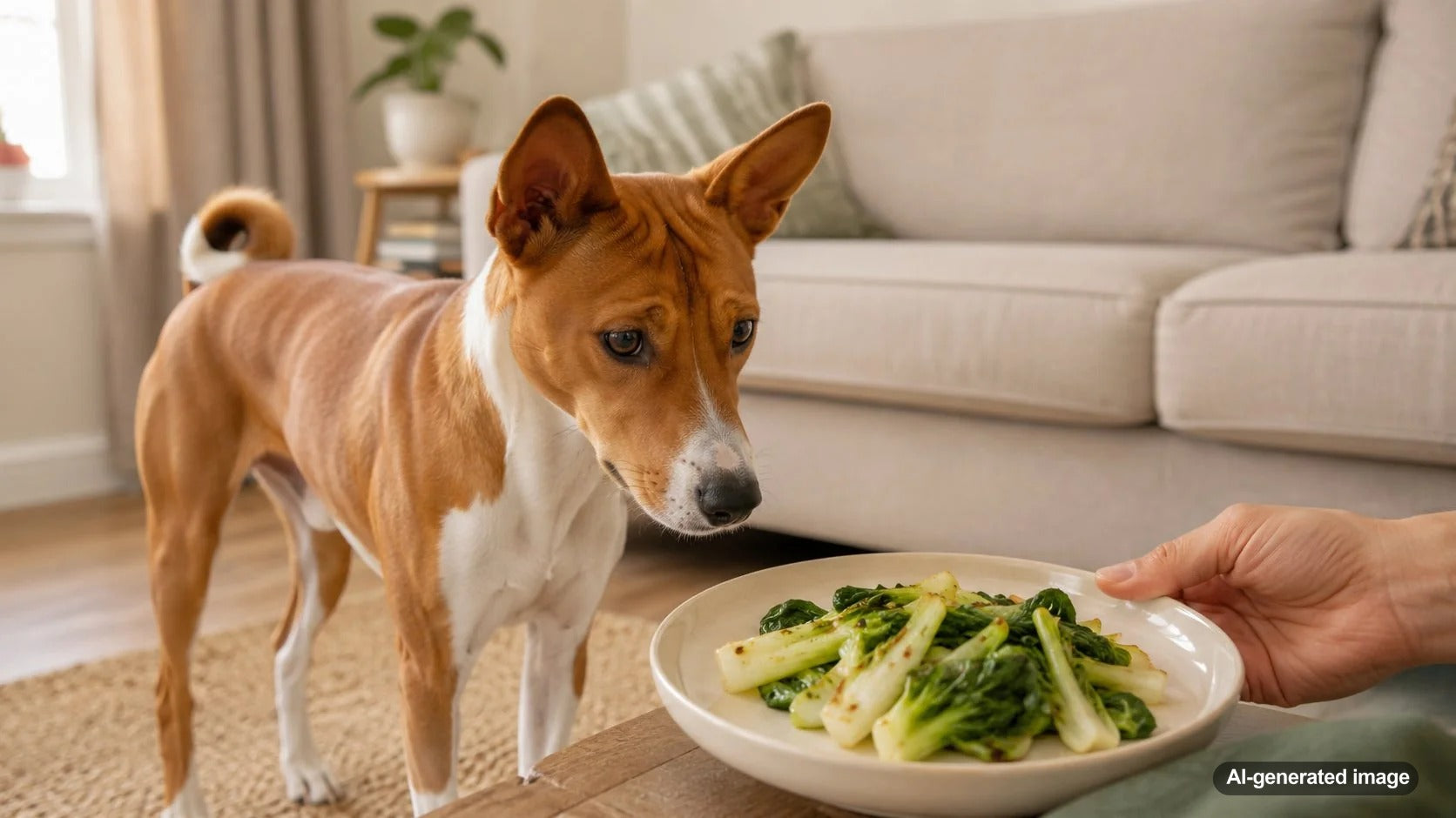 Cooked cauliflower leaves prepared as a potential occasional treat for dogs