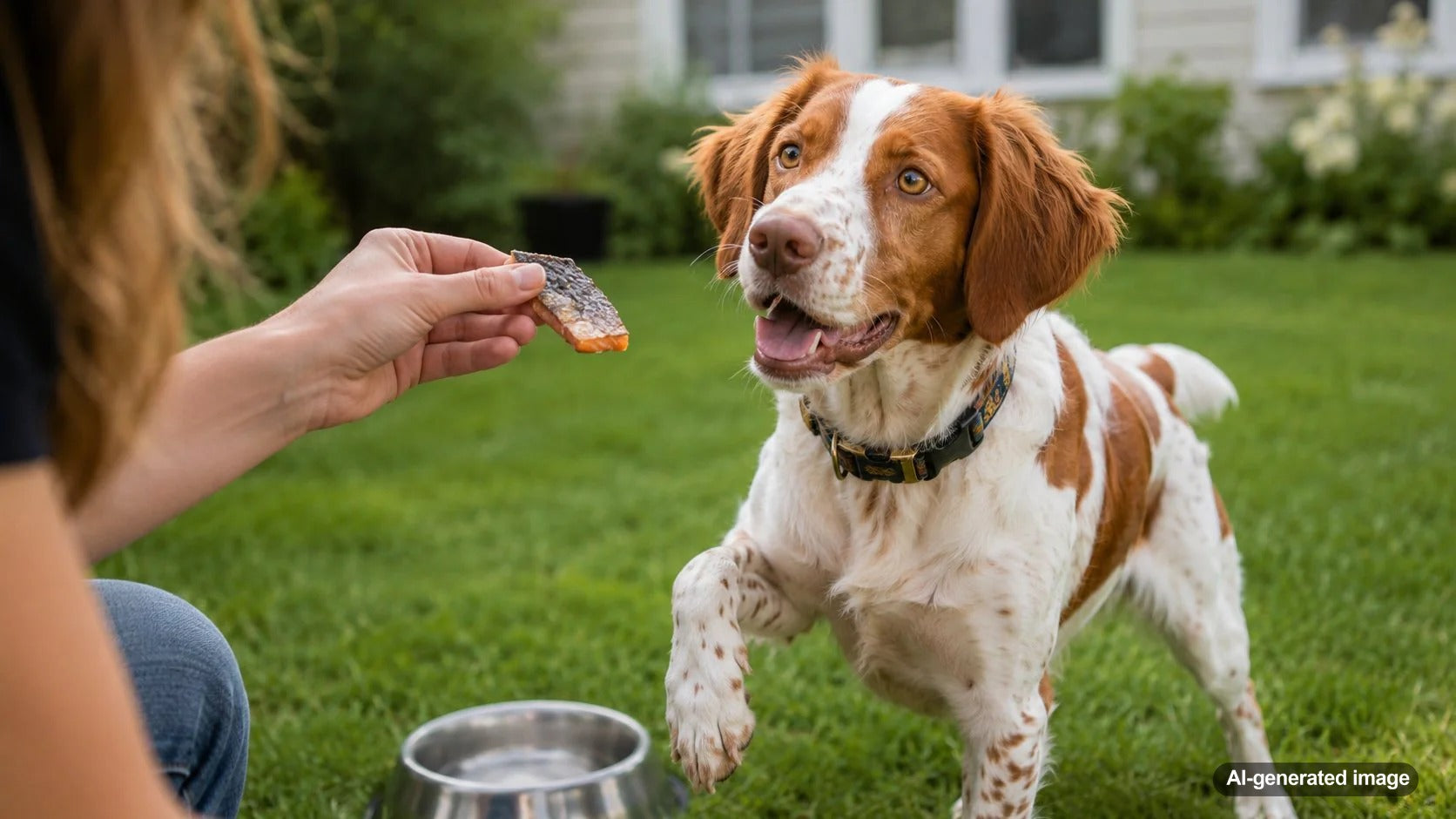Dog looking at a small piece of plain cooked salmon skin prepared safely as an occasional treat
