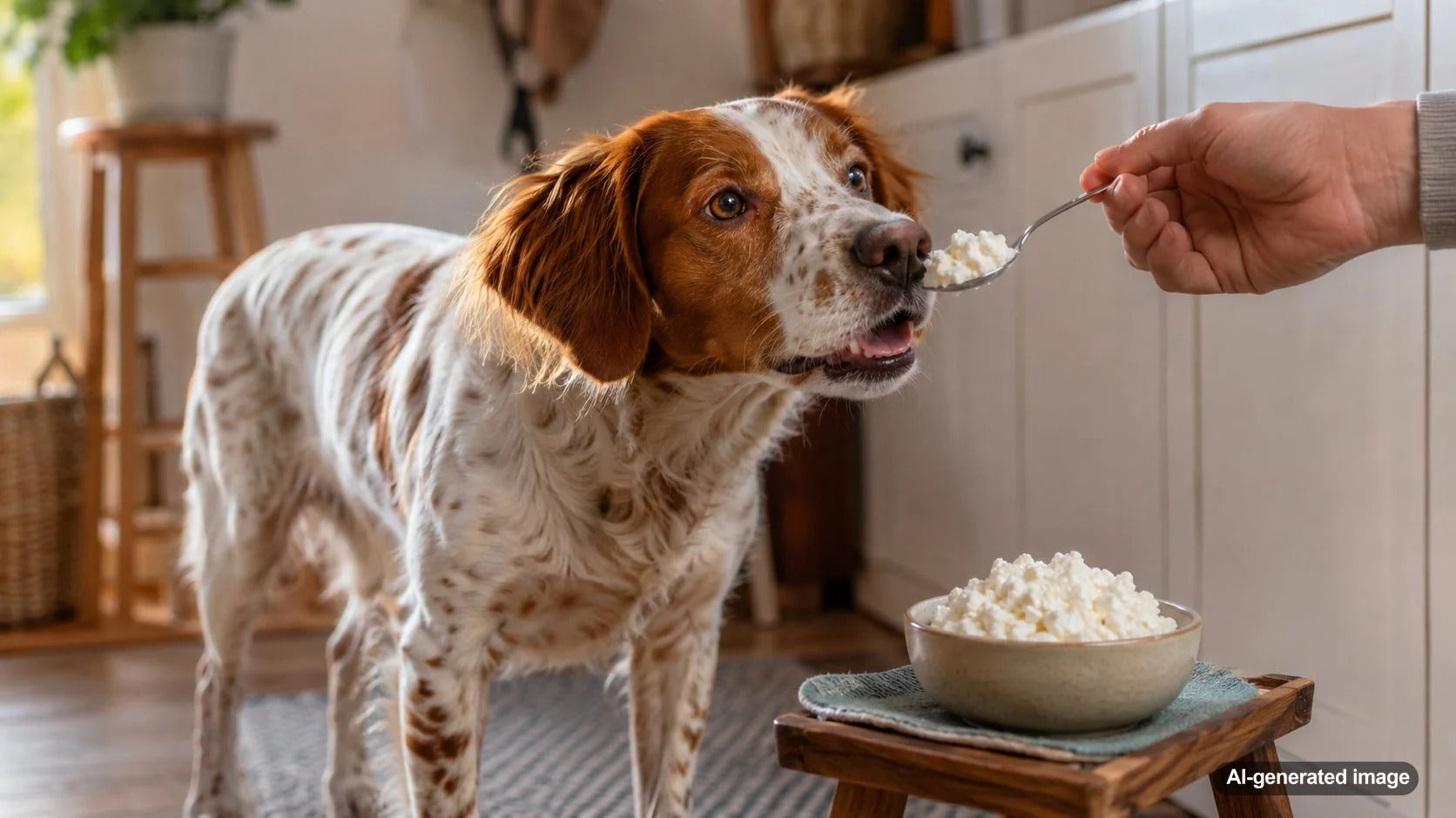 Curious dog beside a small bowl of plain cottage cheese