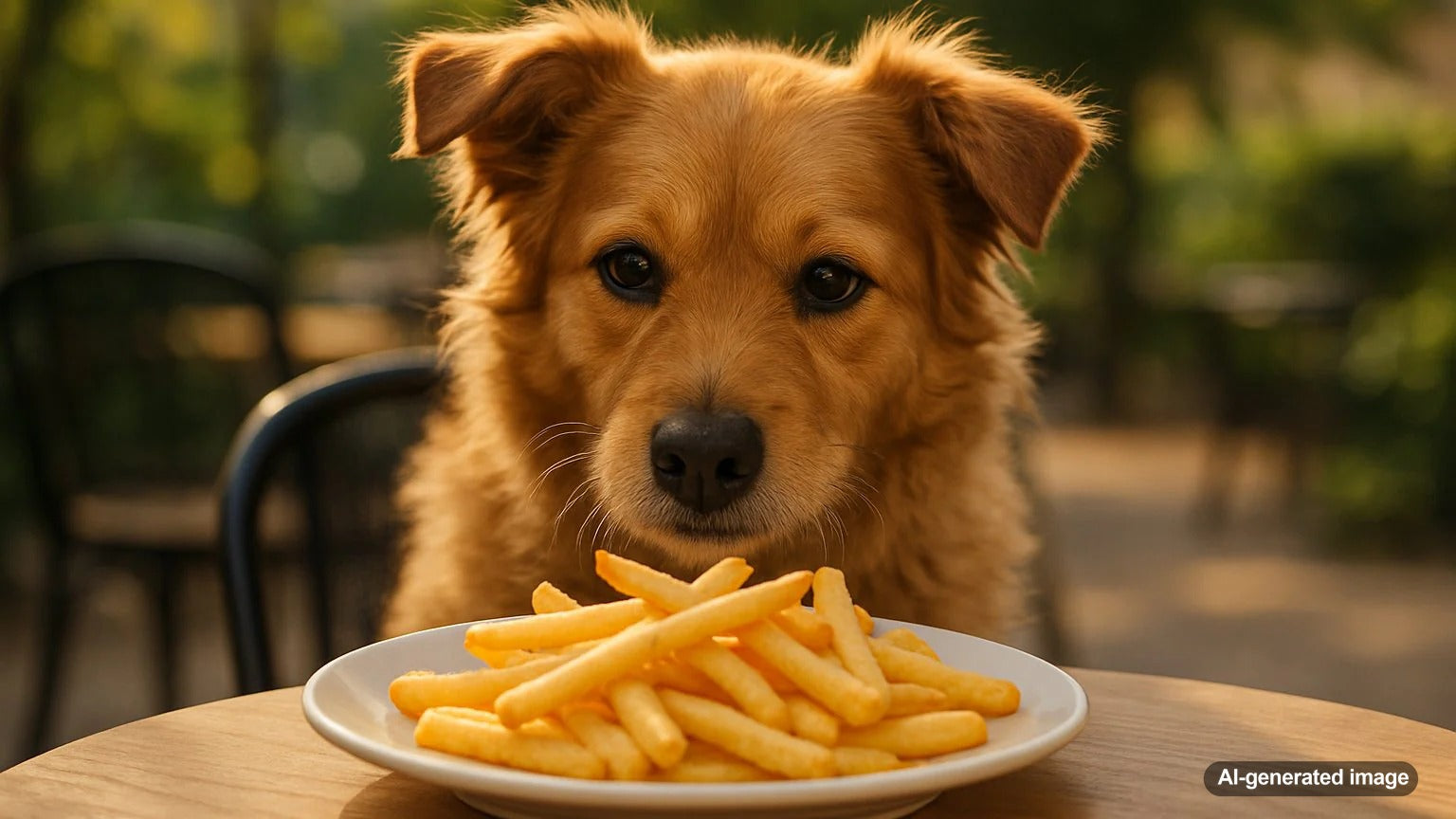 Dog looking at French fries with curious eyes
