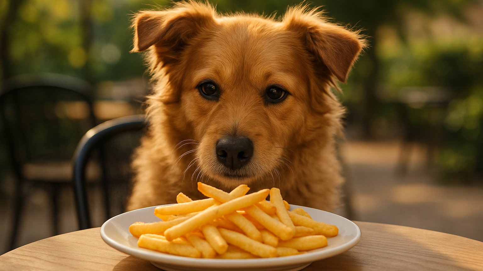 Dog looking at French fries with curious eyes