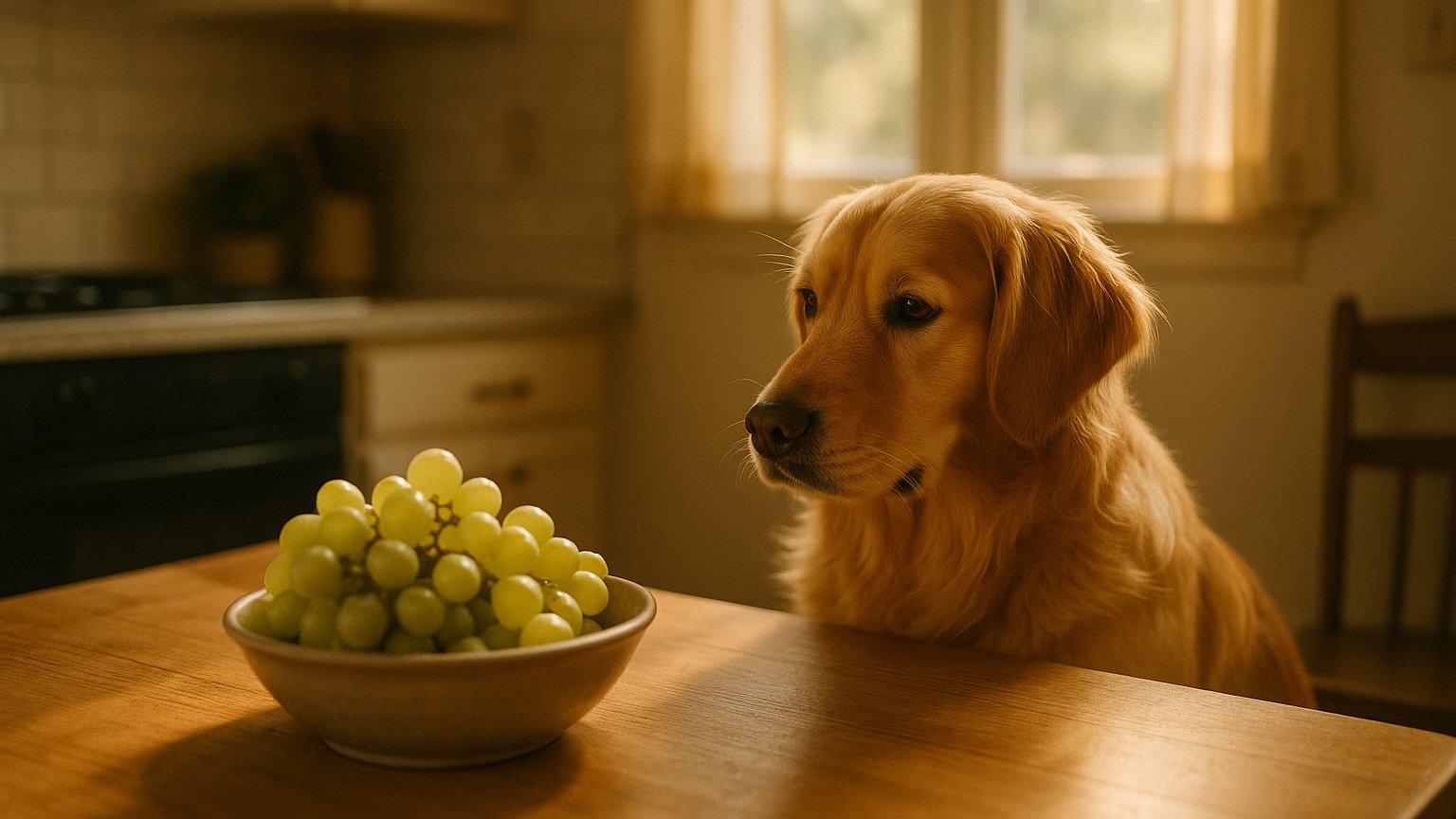 Dog looking at grapes on table – Can dogs eat grapes
