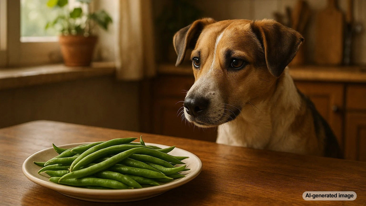 A dog enjoying a healthy green bean treat