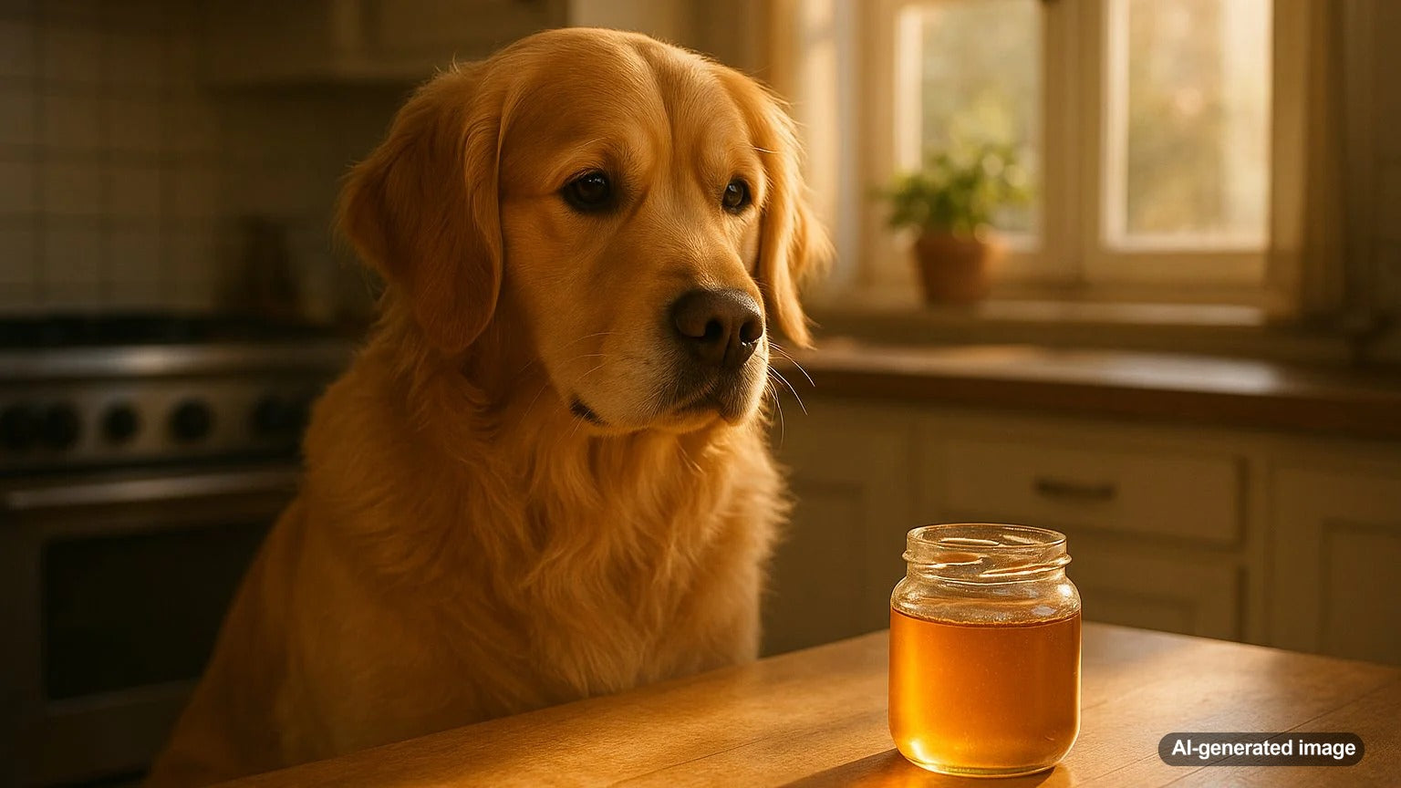 A dog enjoying a honey treat from Woof Dog Products