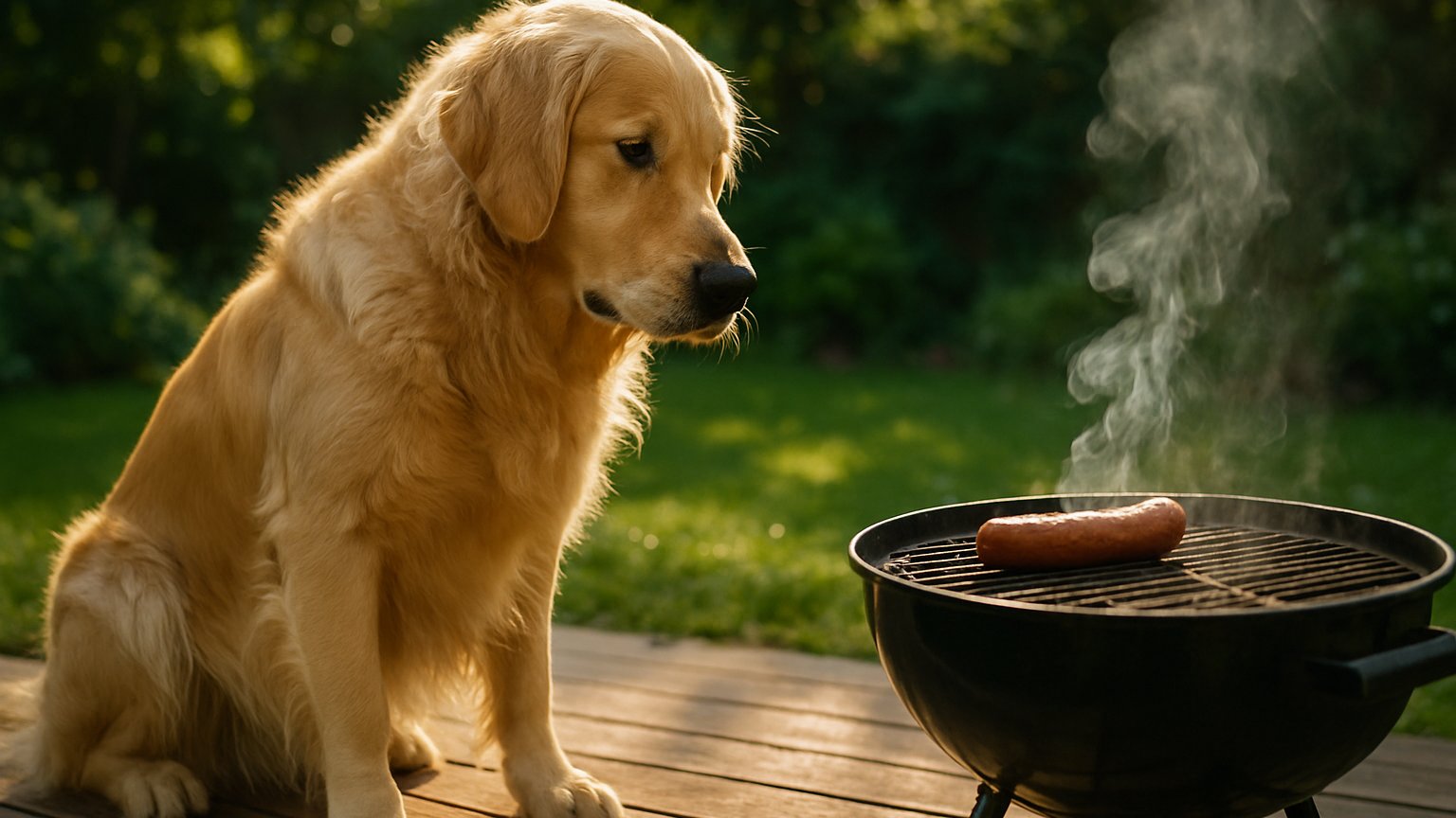 A dog looking up at a hot dog on a grill, symbolizing the question 'Can Dogs Eat Hot Dogs?'