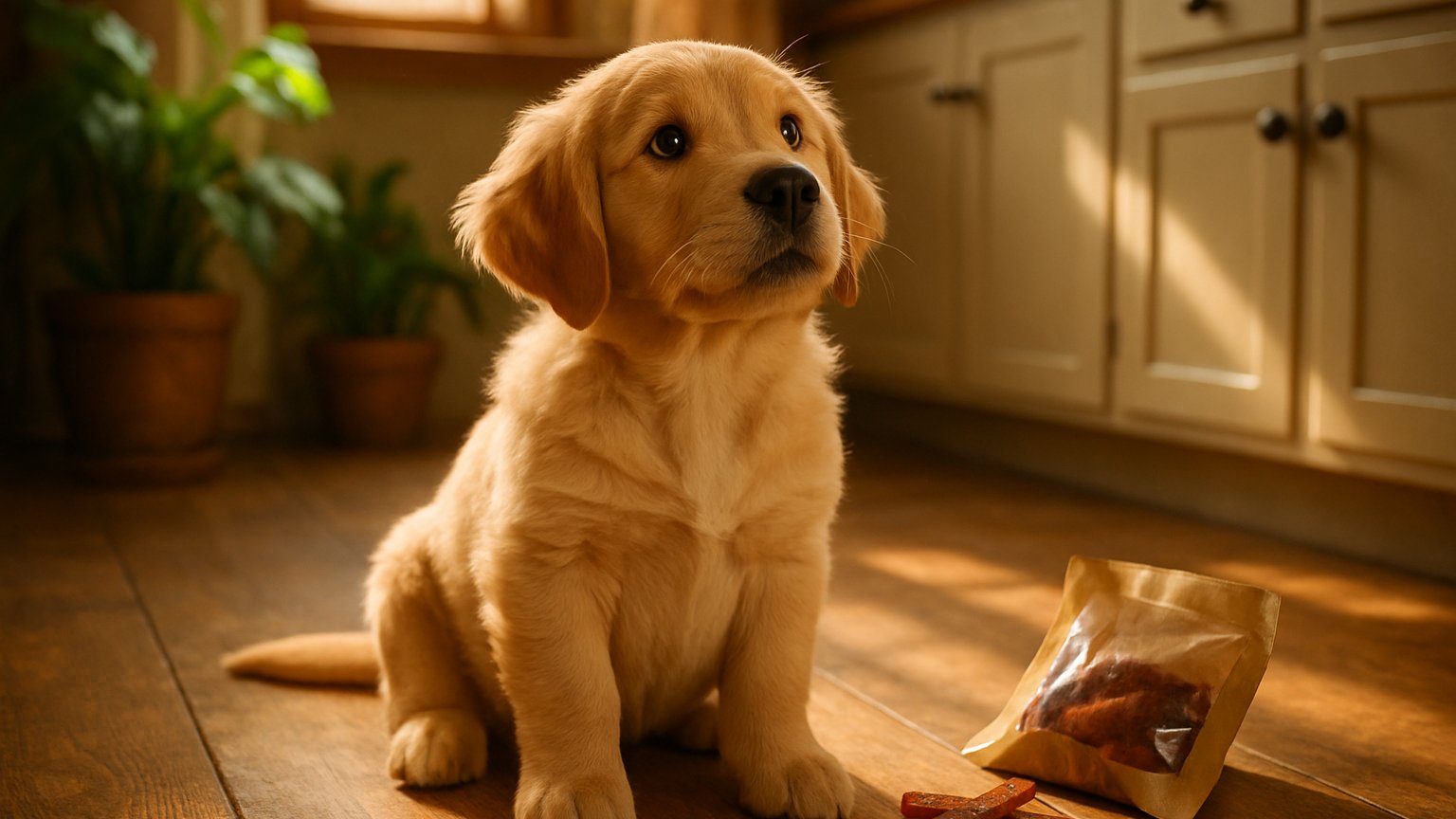 A dog happily chewing on a safe jerky alternative from Woof