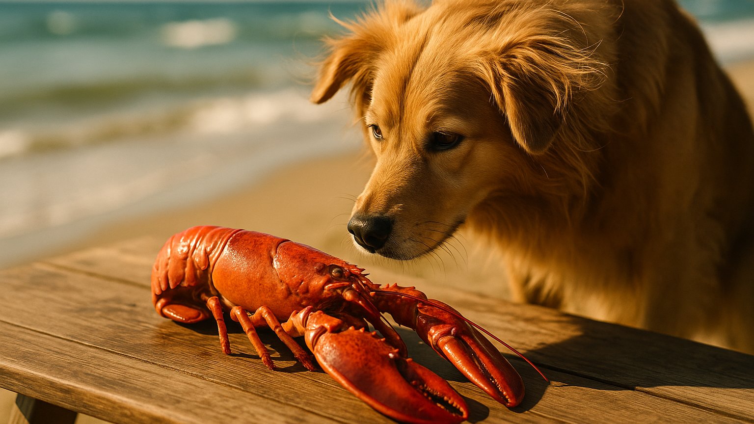 A dog looking at a lobster dish, contemplating whether it's safe to eat.
