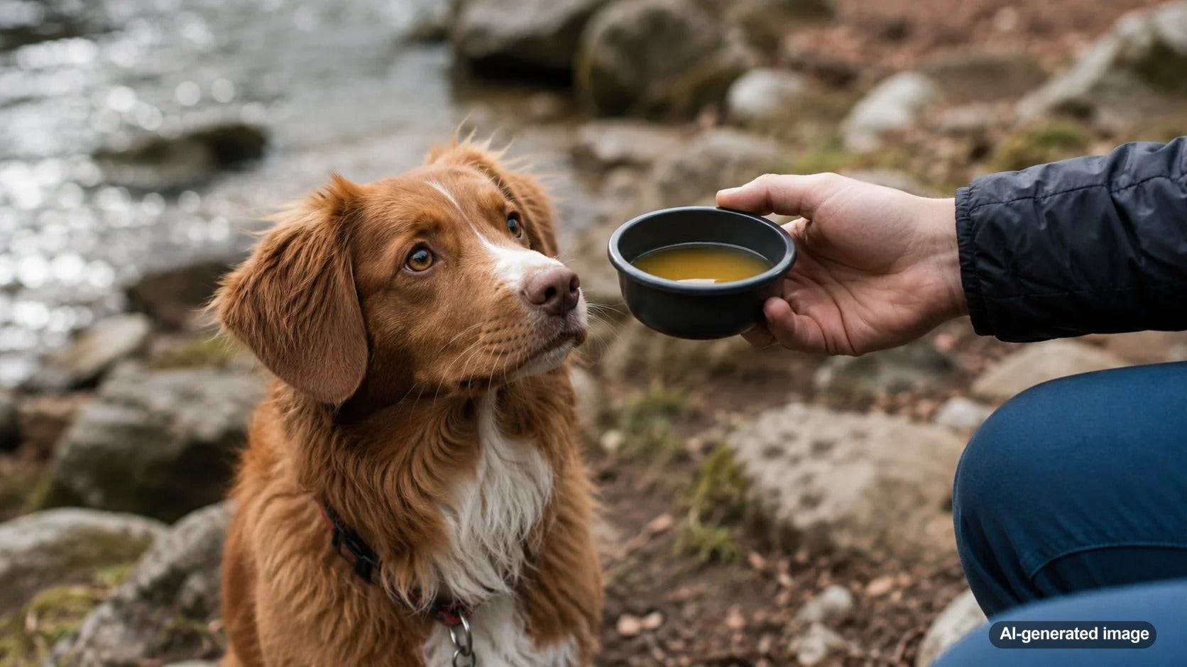 Dog-safe low-sodium broth served as a simple food topper and enrichment ingredient for a happy dog