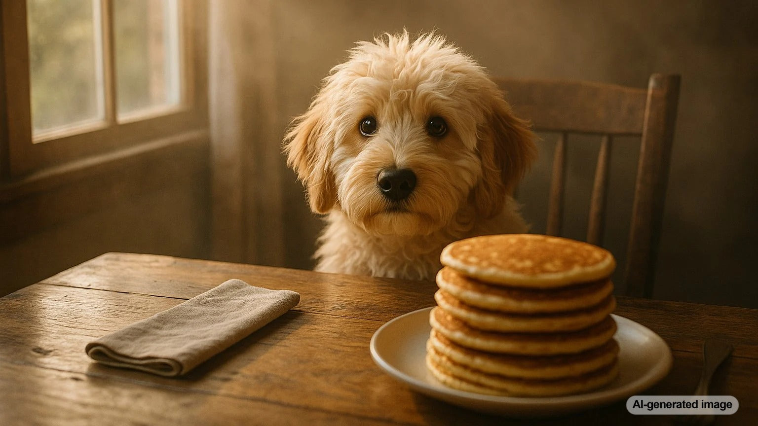Happy dog looking at pancakes