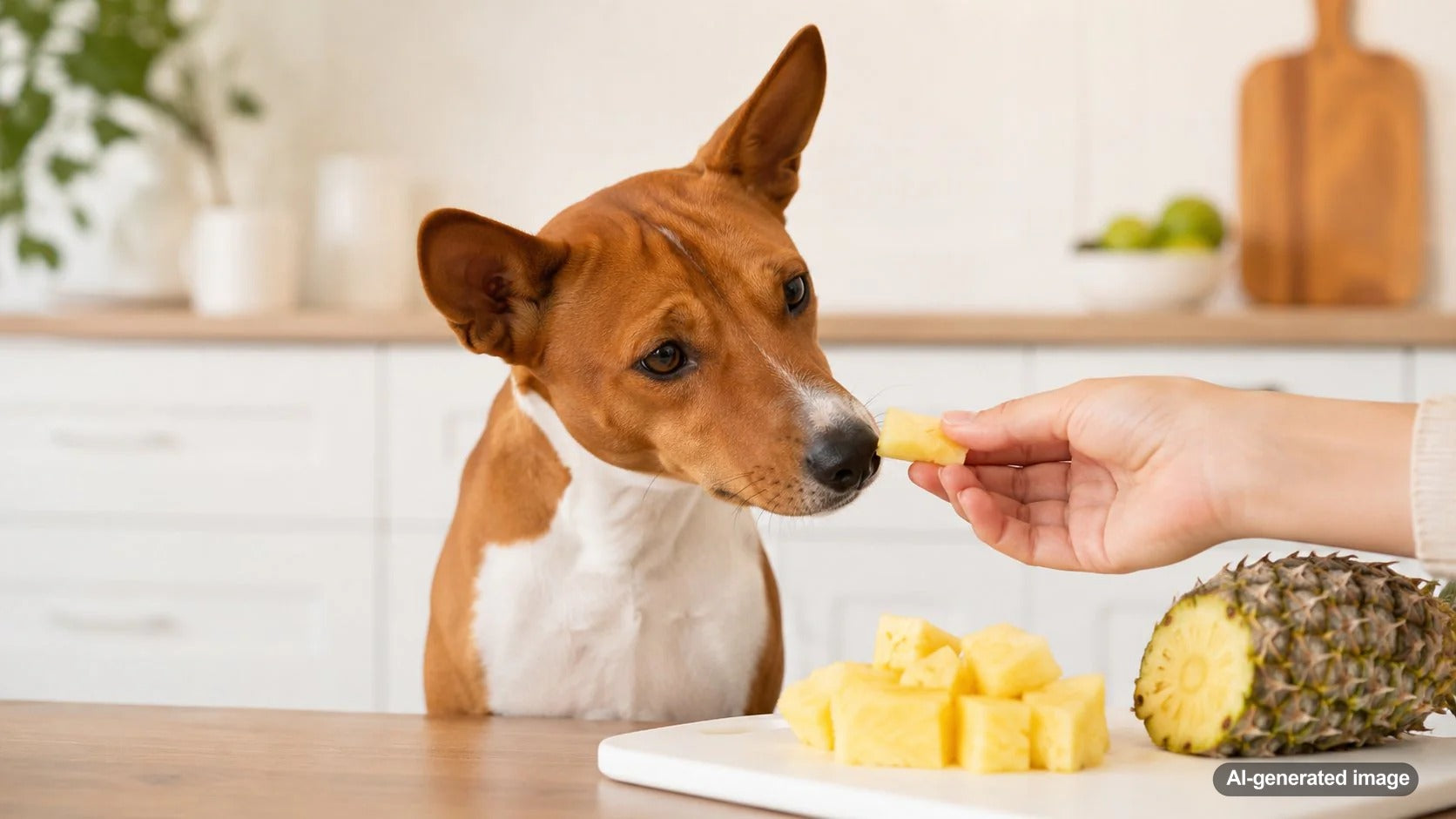 Fresh pineapple pieces with a happy dog, illustrating whether dogs can safely eat pineapple