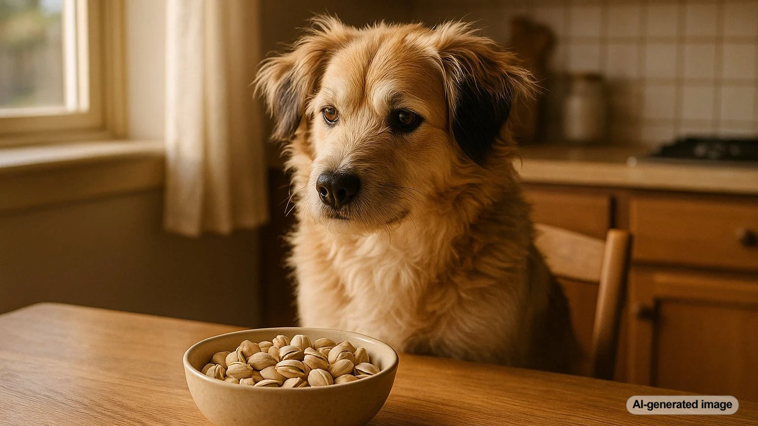 Dog with a puzzled look at a bowl of pistachios