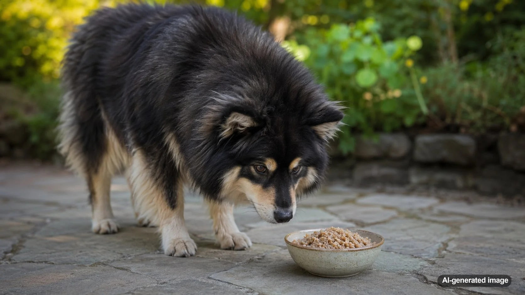 Dog looking curiously at a small bowl of plain cooked buckwheat
