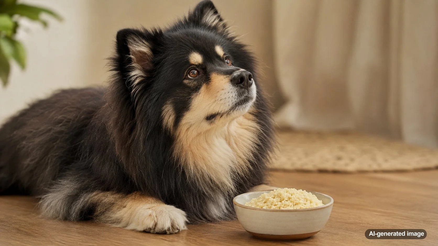 Dog looking curiously at a small bowl of plain cooked couscous