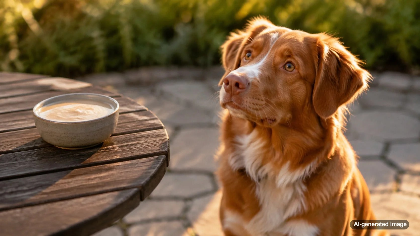 Dog looking curiously at a bowl of plain Cream of Wheat