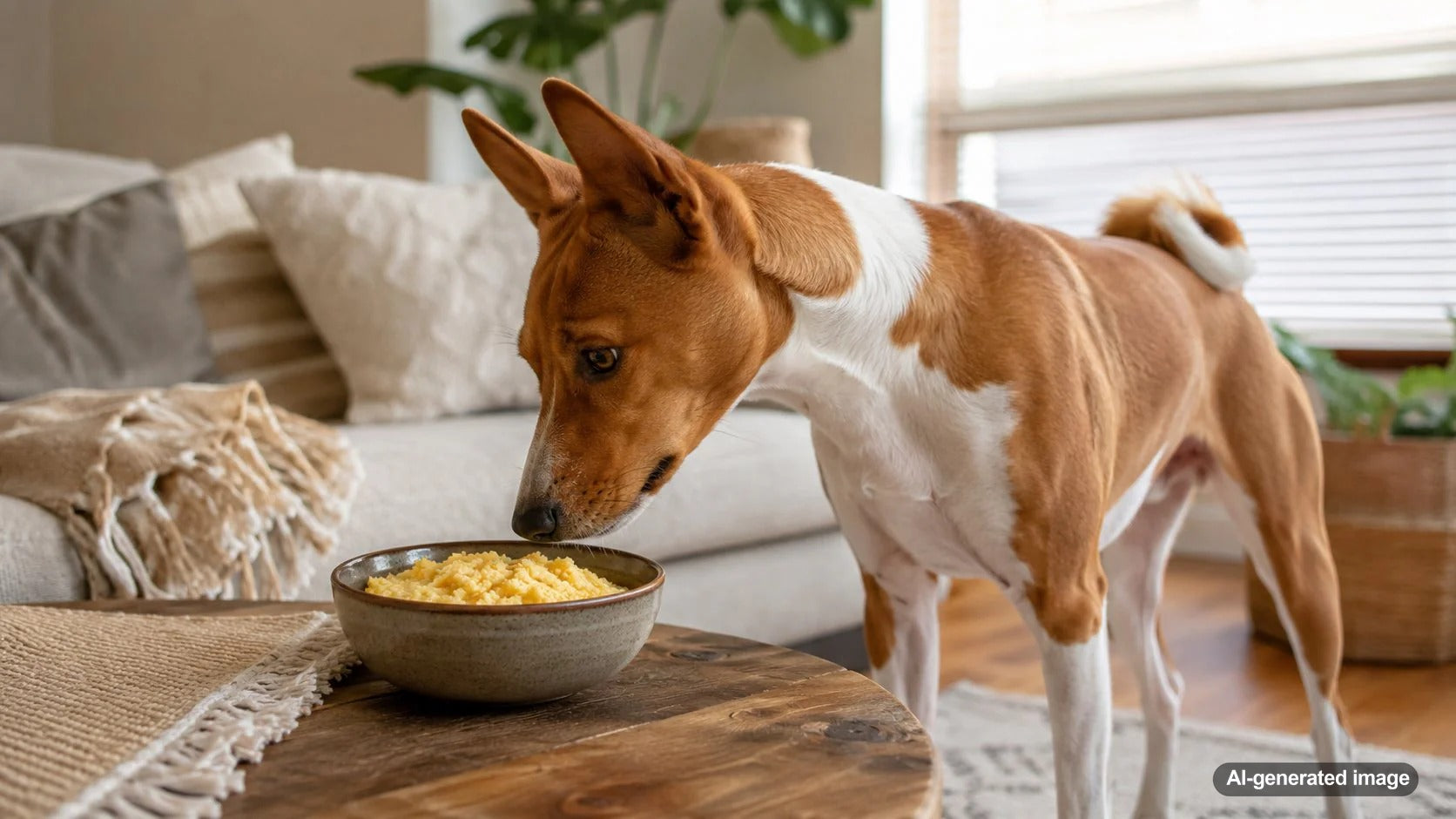 A dog near a bowl of plain polenta, illustrating whether dogs can safely eat plain polenta