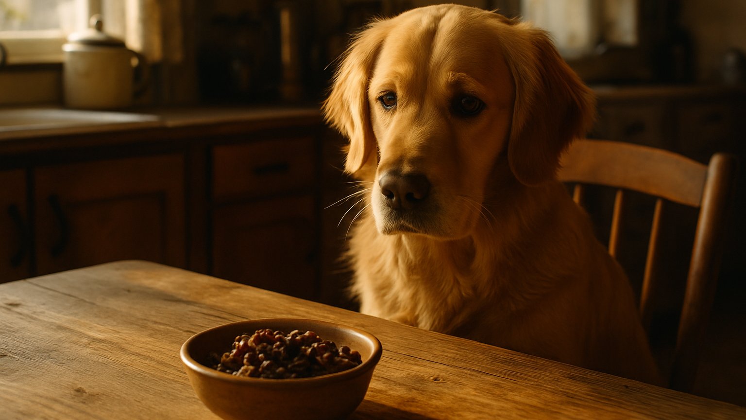Concerned dog owner with dog looking at raisins