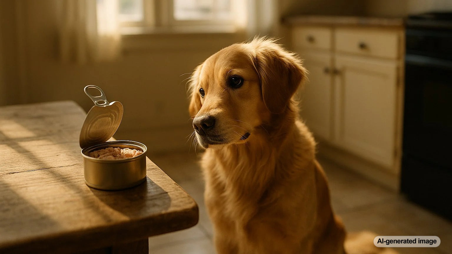 Happy dog sniffing a bowl of tuna treat safely