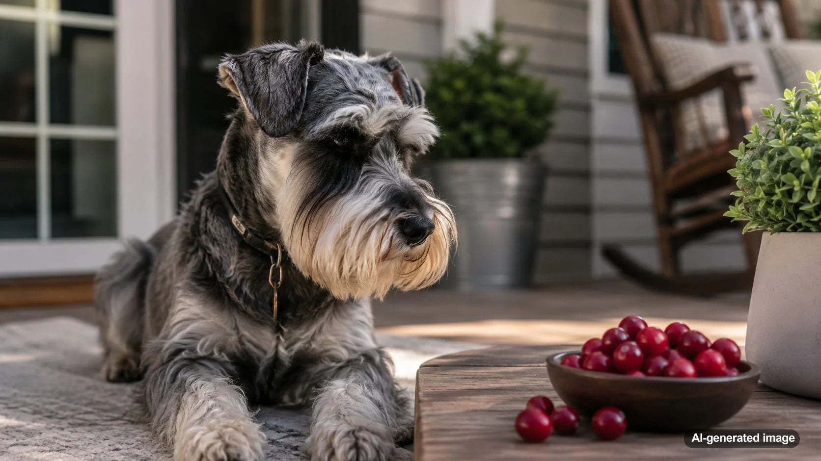 Dog looking curiously at a bowl of plain unsweetened cranberries
