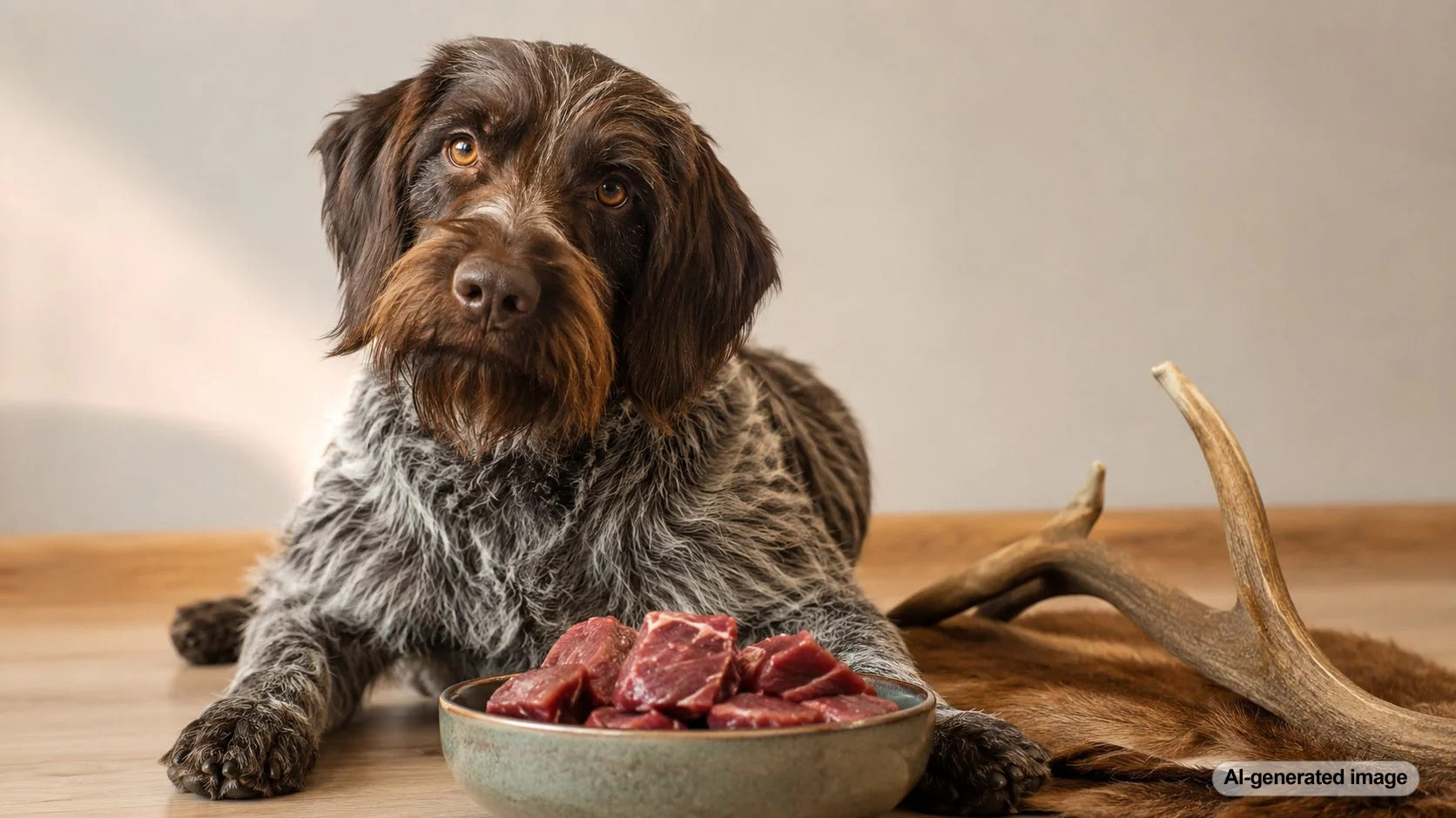 Dog sitting near a small serving of plain cooked venison prepared as an occasional treat