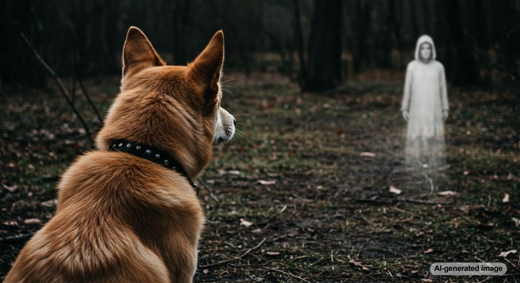 A dog staring intently into an empty space, appearing to sense something unseen.