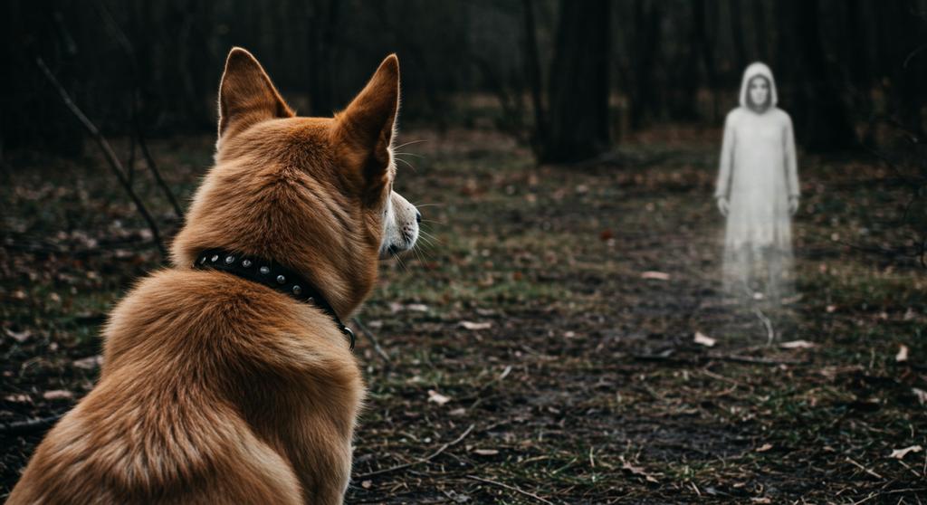 A dog staring intently into an empty space, appearing to sense something unseen.