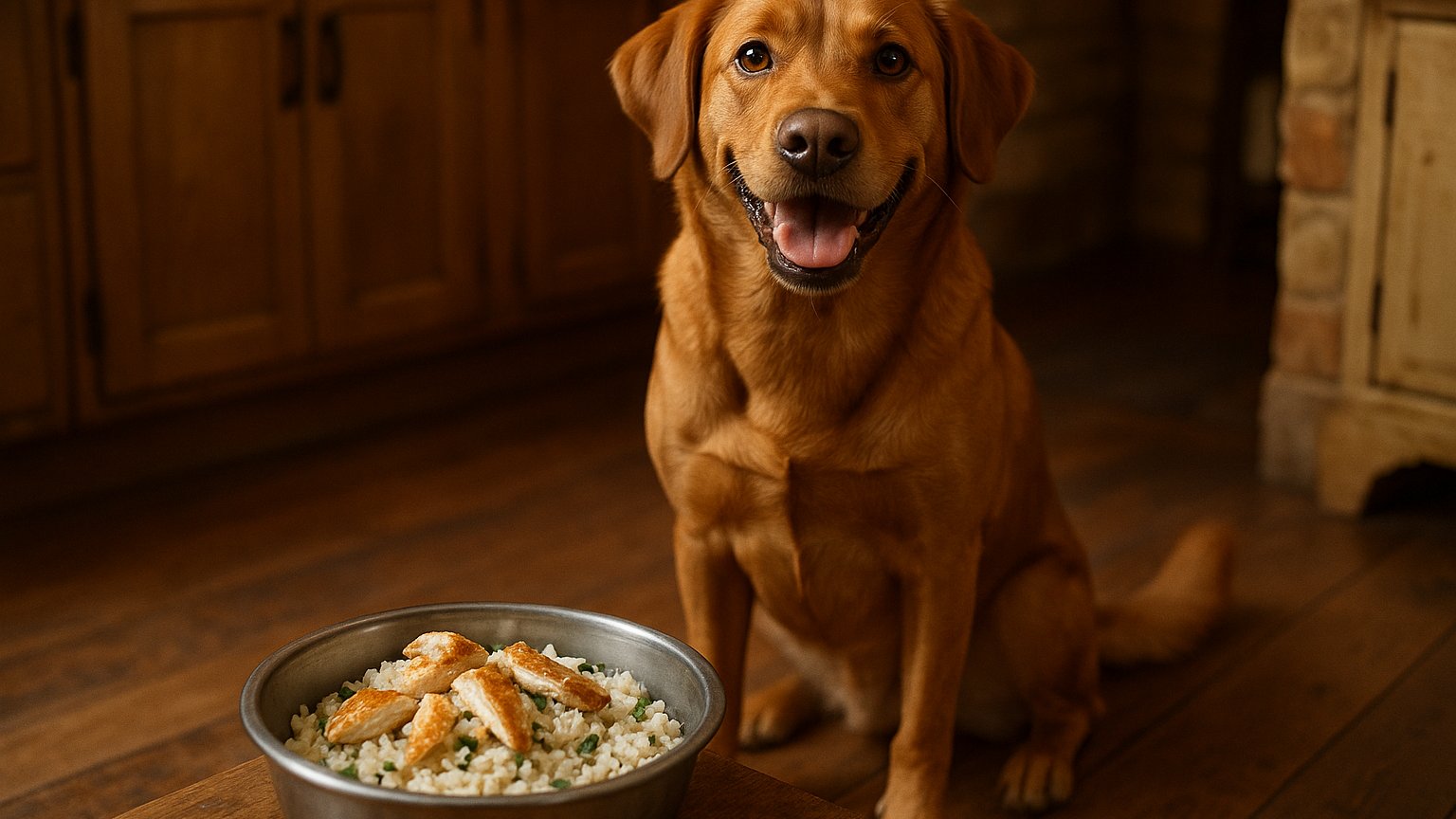 Dog eating chicken and rice, part of a healthy diet plan