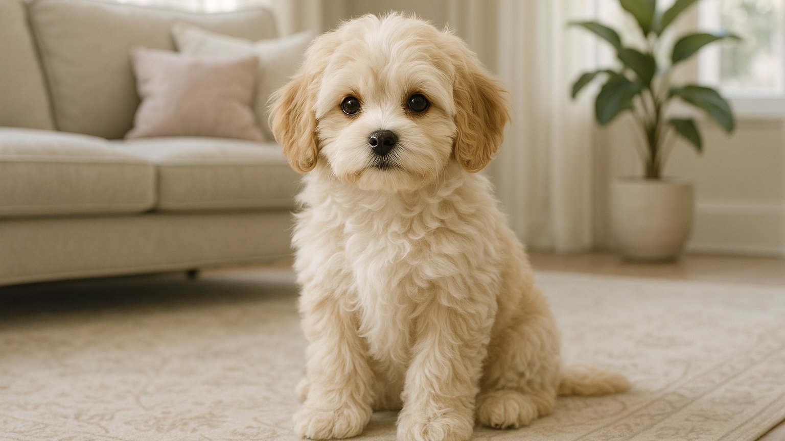 Cavachon dog sitting on a cozy couch with fluffy fur and playful eyes