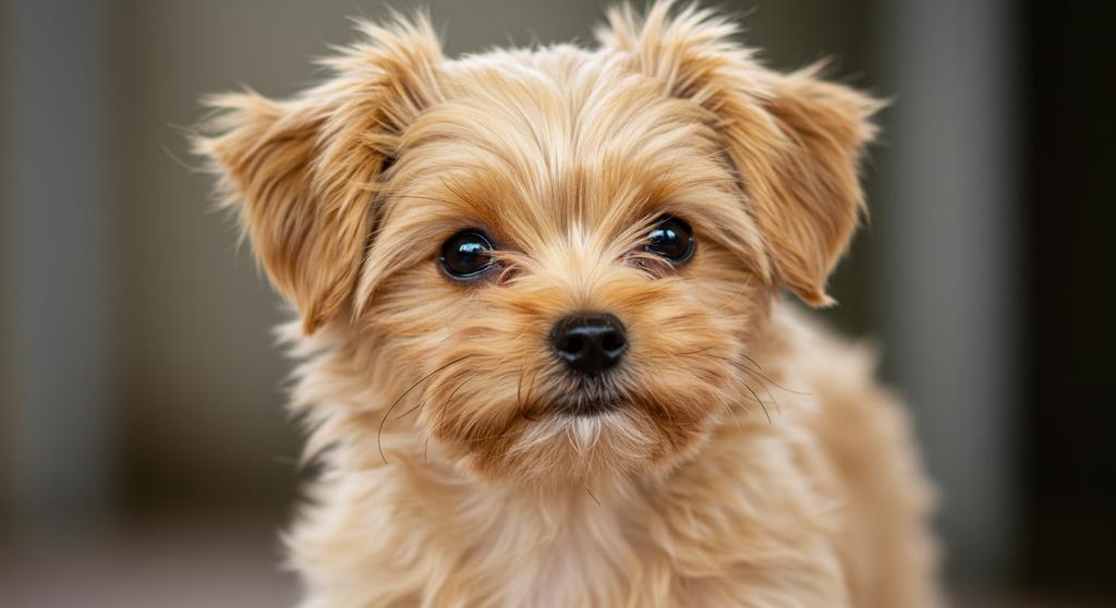 A Yorkipoo playing in a grassy field