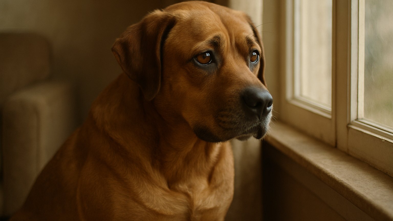 Sad dog looking out window wishing for a walk