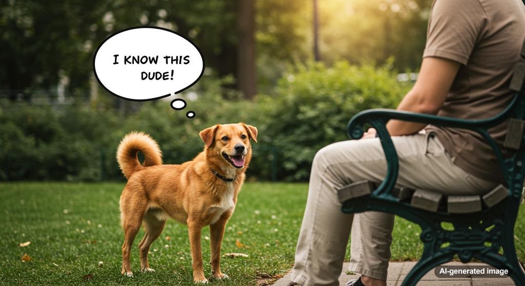 A dog joyfully recognizing and greeting a familiar person