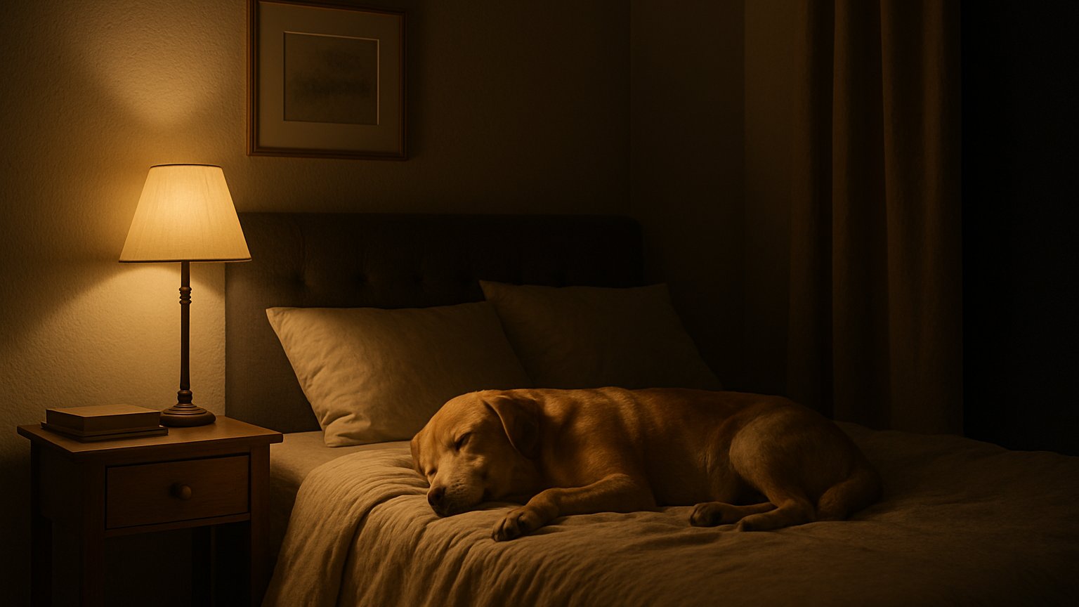 Golden retriever sleeping peacefully in a cozy bed with lights off
