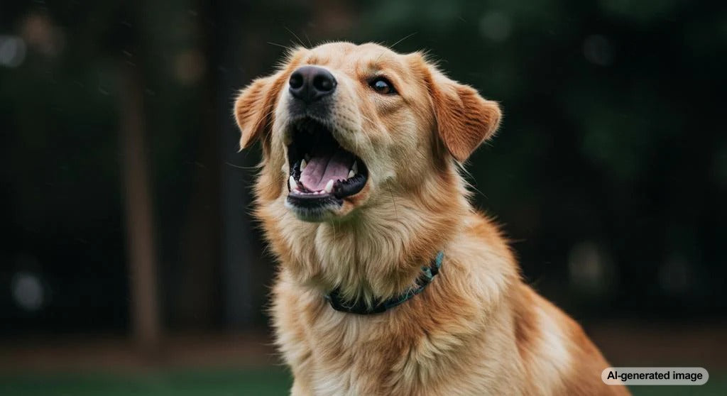 A dog wearing a collar with a concerned expression, symbolizing the debate on anti-barking devices.