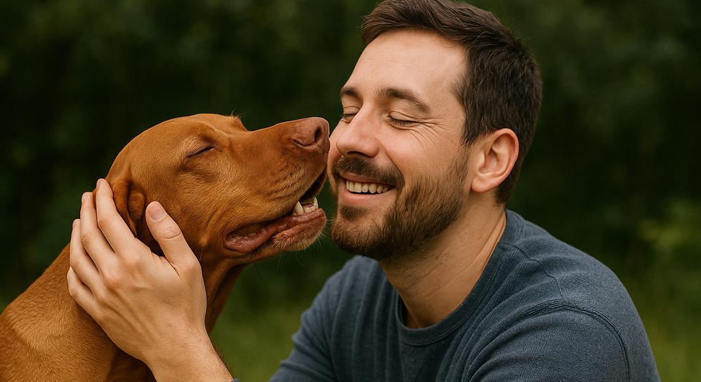 Person petting a happy dog, illustrating the bond and oxytocin release between them