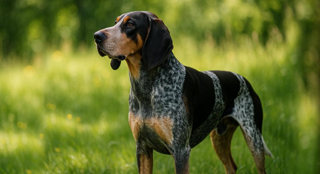 American English Coonhound standing in the forest with alert ears