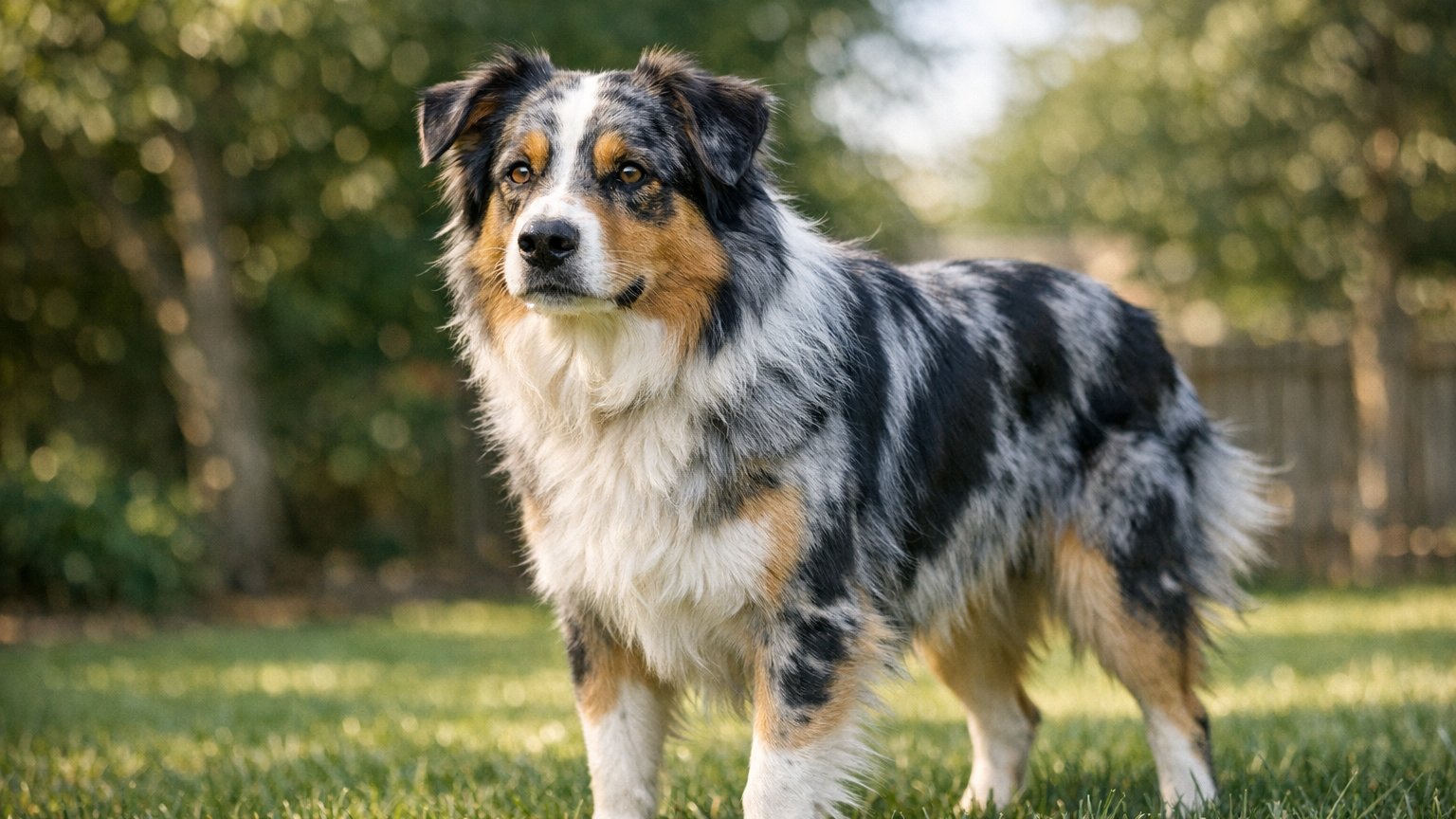 Dog Breed Profile Australian Shepherd standing alert outdoors showcasing intelligence and energy