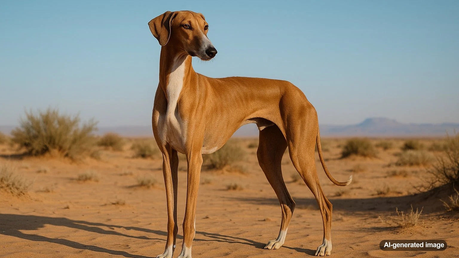 Azawakh dog breed standing gracefully in the desert