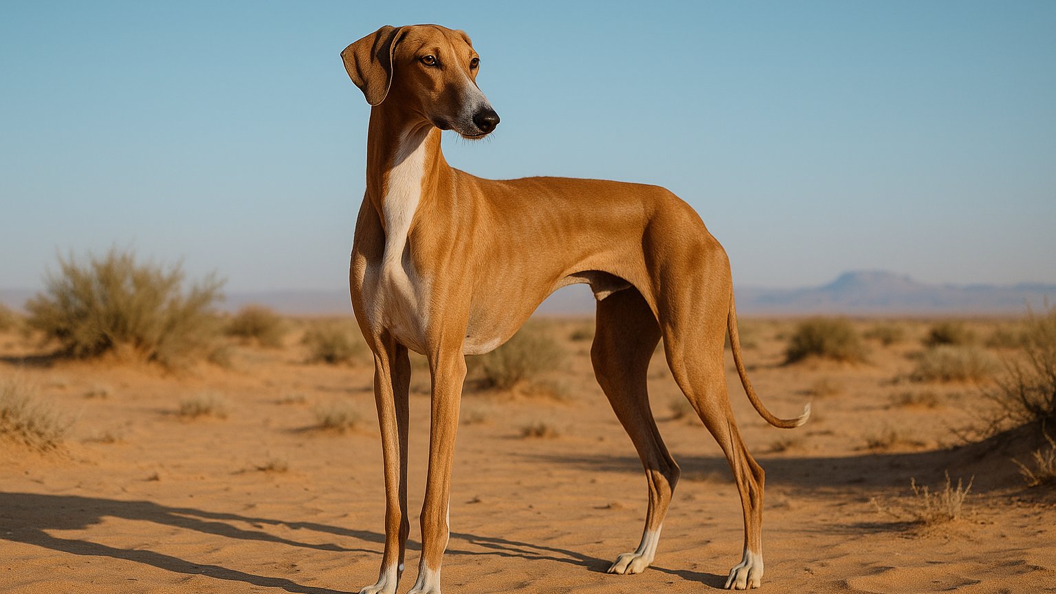 Azawakh dog breed standing gracefully in the desert