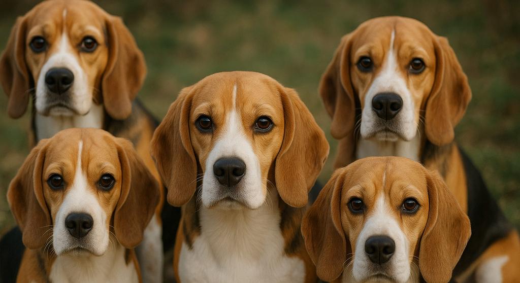 Beagle dog breed profile with happy beagle looking up