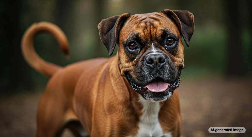A Boxer dog playing outside